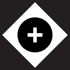 Add icon vector. Plus logo design. Medical cross vector icon illustration in rhombus isolated on black background