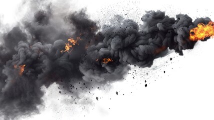 Explosive black smoke and fire on white background