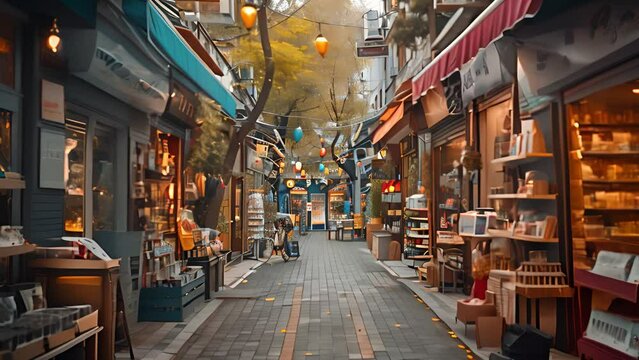 This narrow city street bustling with shops and stores. Busy City Street With Shops