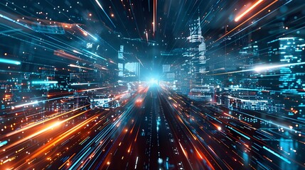 Naklejka premium Close-up of global communication network, data transmission and cyber technology, information exchange. Wireless digital communication concept and the future of the Internet.