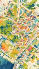 Fototapeta premium Bright colorful map of a city with houses and streets, watercolor illustration