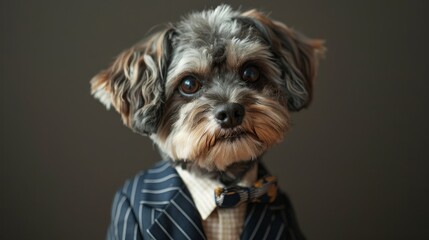 A small dog is wearing a suit and tie