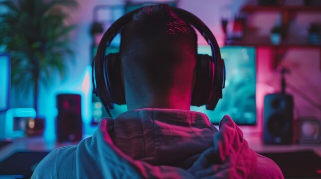 gamer streaming and playing with headset gaming peripherals hobby and lifestyle concept