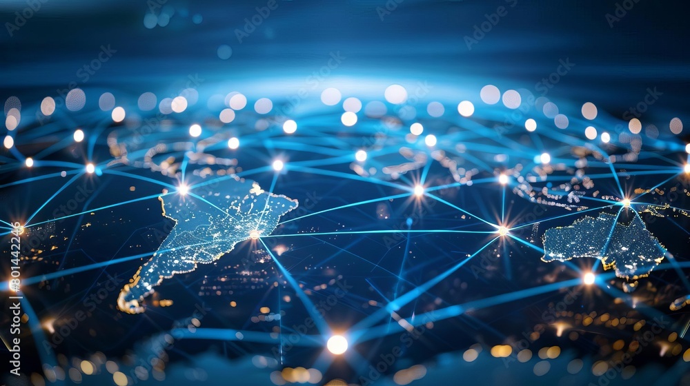 Poster global business network connecting major cities across continents glowing nodes and links abstract i