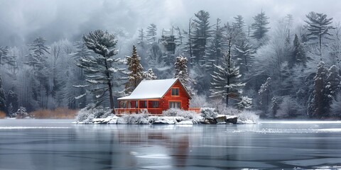 Fototapeta premium Cabin on an island on a frozen lake with trees and snowy pine forest in the background on a cloudy day