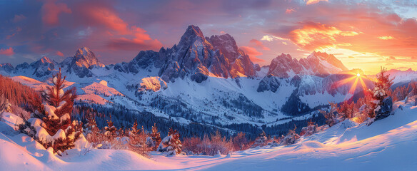  Beautiful snow mountain landscape with sunset sky, high resolution photography. Created with Ai