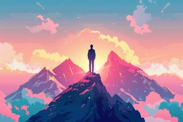 Fototapeta premium In an illustration style, a successful businessman stands triumphantly on the mountaintop, gazing at the expansive view ahead. This represents the concept of business success