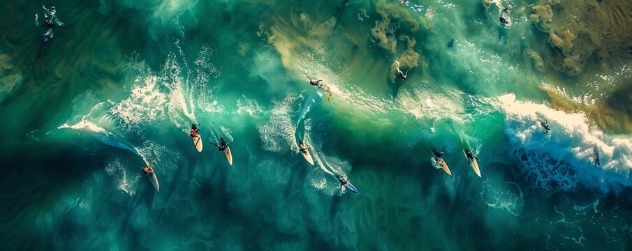 Aerial drone view of surfers catching waves at Trigg beach, Western Australia, Australia.