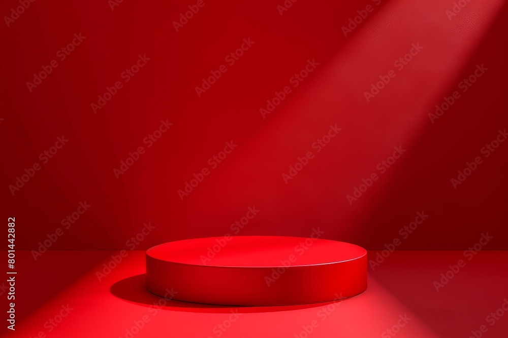 Poster a minimalist red podium designed for christmas product display, featuring a round pedestal placed on