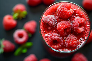 Raspberry smoothie in a glass with fresh berries on a black background