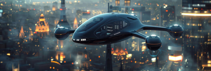 Futuristic future city with flying passenger drone, aerial view of flying drone