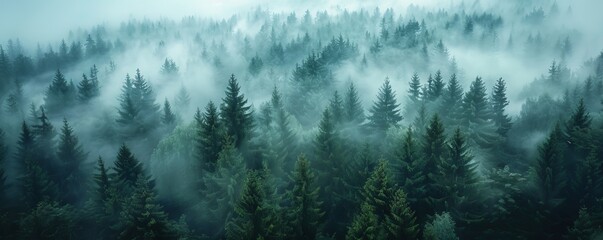 Misty Forest Aerial Photograph with Pine Trees. Foggy, Atmospheric Nature Background.