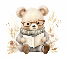 Cute smart bear in gray jumper and glasses reading a book. Animal Maskot, Character - watercolour illustration isolated on white background. Muted Tones.	