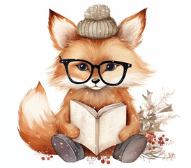Cute smart fox with glasses and woolly hat reading a book. An animal maskot. Character - watercolour illustration isolated on white background. Muted Tones.