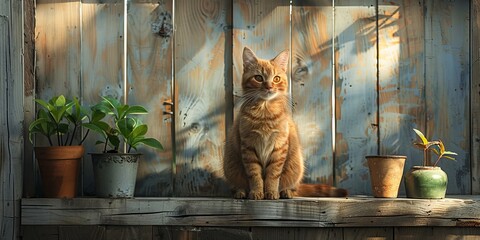 Cute cat sitting on wooden wall furniture - Powered by Adobe