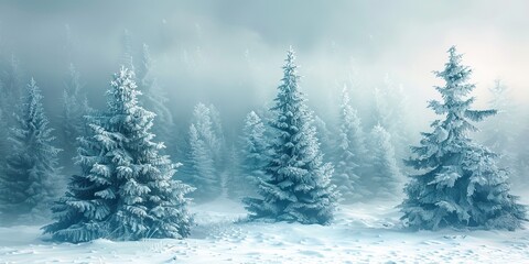Seasonal Background with Snow covered Trees in a Pale Fog.
