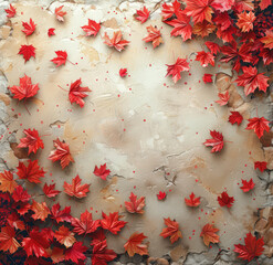 Vintage background with red leaves on vines and old paper, heart shaped frame. Created with Ai