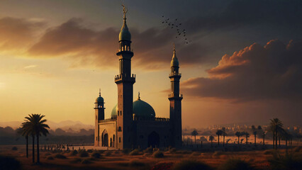 silhouette of mosque in sunset