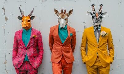 Three people wearing vibrant suits and animal masks posing side by side in front of white wall