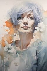 Realistic Watercolor Portrait of Older Mid Age Mature Woman. Blue and Orange Ink on White Background. Mother's Day concept