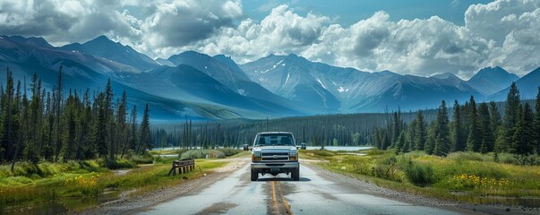 Pickup truck and RV camper drive along scenic road