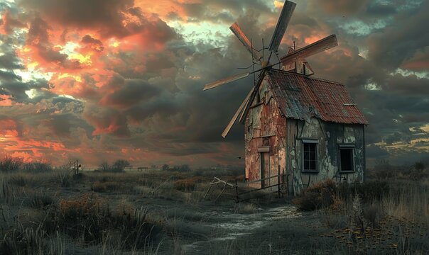 An abandoned old style wind mill in a ghost town