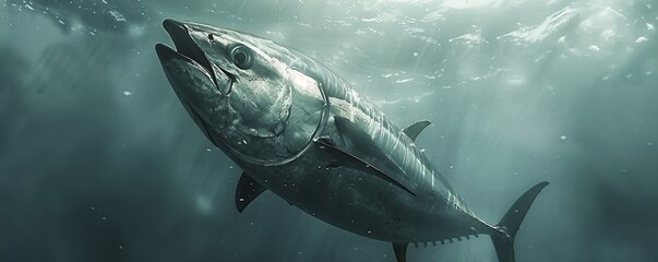 Fototapeta premium Giant bluefin tuna fish swimming in clear ocean water.