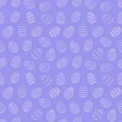 Seamless pattern of white Easter eggs with hand-drawn details. Continuous one line drawing. Isolated on purple backdrop. Festive design. For Easter decoration, wrapping paper, greeting, textile, print
