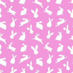 Easter seamless pattern of white rabbit silhouettes in different actions. Festive Easter bunnies design. Isolated on pink background. For Easter decoration, wrapping paper, greeting, textile, print