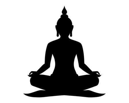 recommend clip art: Black Silhouette of Buddha in lotus position isolated on white backdrop. Graphic illustration. Buddhist meditation icon. Concept of Zen practice, religious, meditation, Buddhism