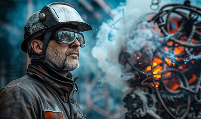 A man in a welder's outfit and helmet looks past a puff of smoke at an industrial sculpture of rebar and concrete