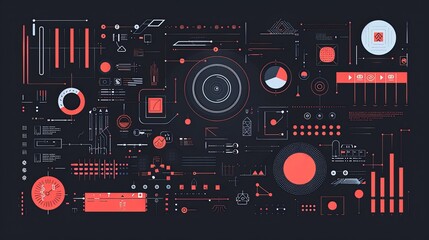 An abstract composition of graphic elements, perfect for brands seeking innovation and modernity. Ideal for technology or media projects, offering a contemporary visual appeal. Generative AI.