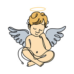 Little baby Christmas Angel flying in sky. Fairy tale book character.