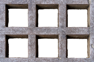 Cement grate with six square-shaped holes on a white background.