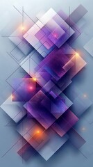 Create a modern geometric abstract design using squares and rectangles in shades of purple, pink, and blue with glowing orange highlights.