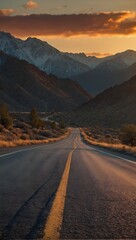 Sunset on empty road with mountains