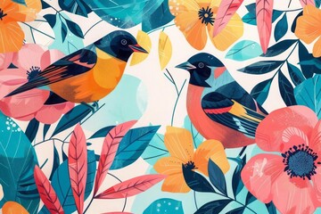 Minimalist geometric background with detailed illustrations of birds and flowers in vibrant colors