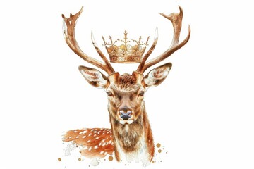 An elegant deer adorned with a majestic crown, depicted in a stylish illustration against a pristine white backdrop.