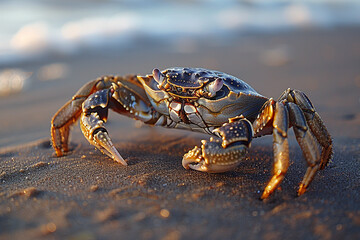A lone crab scuttling across the sand, its shell glistening in the early morning light. - obrazy, fototapety, plakaty
