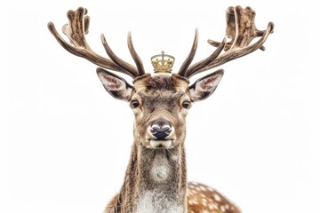 An elegant deer adorned with a majestic crown stands against a pristine white backdrop.