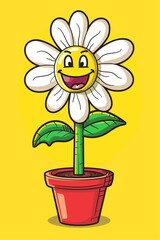 Cartoon daisy flower character in a pot