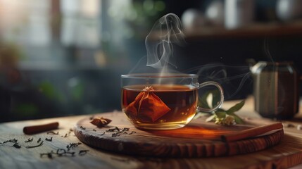 Imagine a scene of steaming elegance with a glass of tea, accompanied by a delicately suspended tea bag and a cinnamon stick