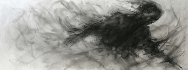 Fototapeta premium A lifelike charcoal sketch of a figure shrouded in billowing smoke, evoking a sense of mystery and intrigue.