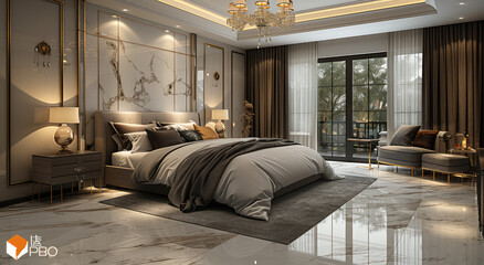 A modern Chinese style bedroom with gray marble flooring, a white and grey color scheme, large windows overlooking the garden outside. Created with Ai