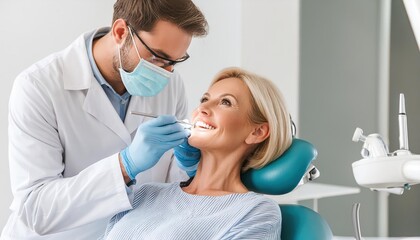 Obraz premium woman sitting in dental chair while professional doctor fixing her teeth