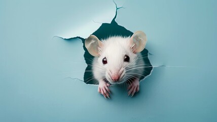 Curious White Rat Explores Soft Sky Blue Paper Background in Professional Photography