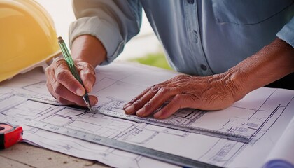  Architect marking blueprints for home renovation project