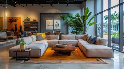 A large living room with a couch and a coffee table