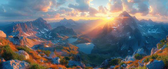 panoramic view of the Dolomites at sunrise, high resolution, hyper realistic, extreme detail. Created with Ai