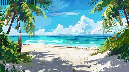 Tropical Beach Paradise, Perfect for travel agencies, resorts, and tourism sites. Features palm-fringed white sands against a vivid blue ocean backdrop. Generative AI.